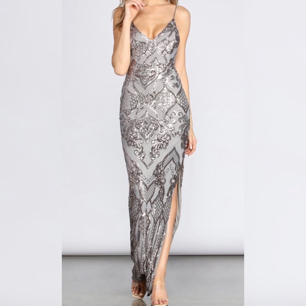 Long Grey/Silver Sequin Formal Dress